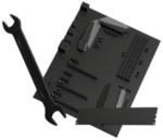 Schwarzes Mainboard mit Schraubenschlüssel und Werkzeug-Symbolen auf hellem Hintergrund