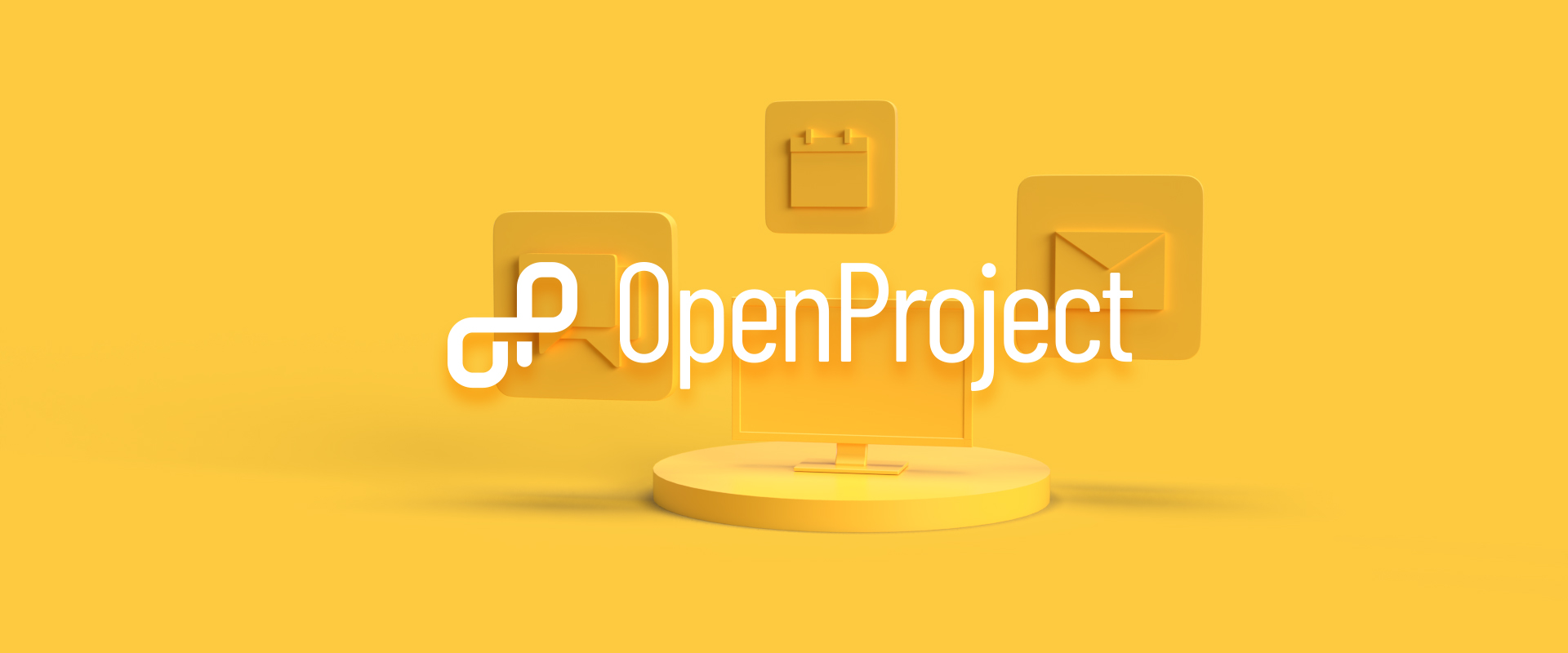 OpenProject-Logo mit gelben Icons für Kalender, Aufgaben und Kommunikation