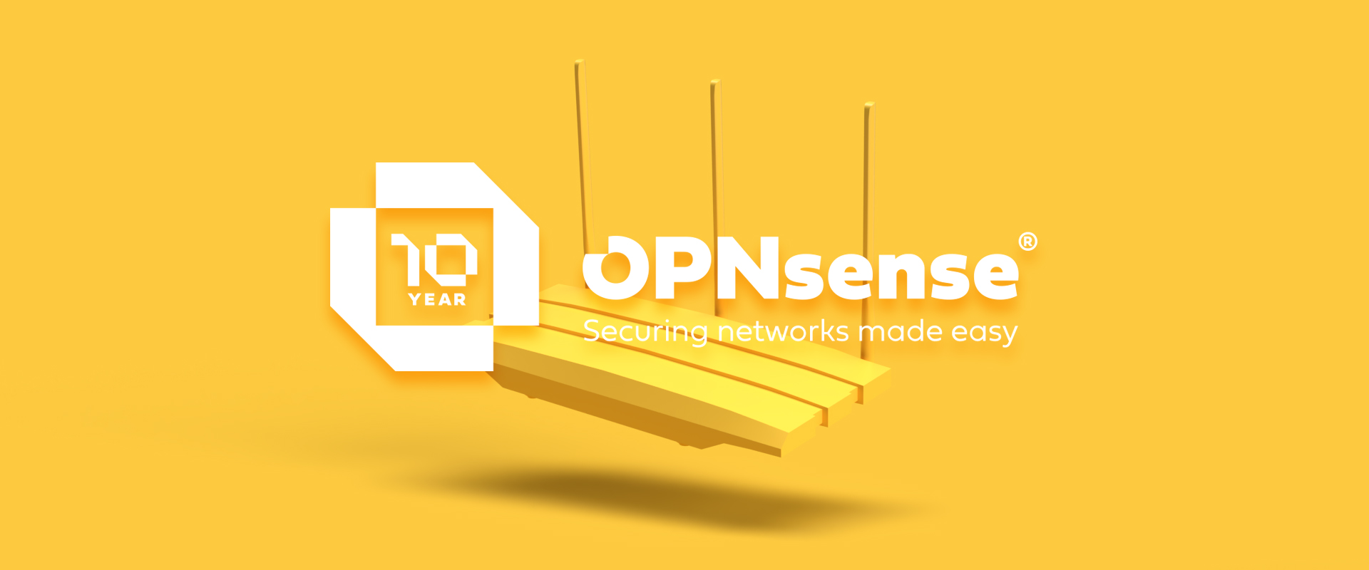 OPNsense-Router mit Jubiläumslogo – 10 Jahre Open-Source-Firewall