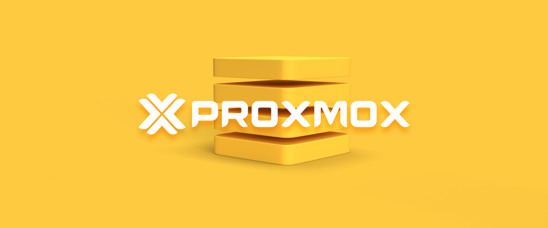 Proxmox-Logo vor drei gelben Serverblöcken – Open-Source-Virtualisierung für Unternehmen